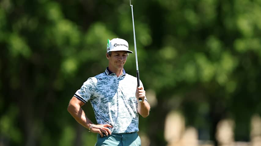 MCKINNEY, TEXAS - MAY 03: Thorbjørn Olesen of Denmark reacts to his shot on the third hole during the third round of THE CJ CUP Byron Nelson 2025 at TPC Craig Ranch on May 03, 2025 in McKinney, Texas. (Photo by Stacy Revere/Getty Images)
