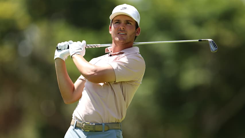 TULUM, MEXICO - MAY 03: Trent Phillips of the United States plays his shot from the second tee during the third round of the 2025 Tulum Championship at PGA Riviera Maya 2025 on May 03, 2025 in Tulum, Mexico. (Photo by Luke Hales/Getty Images)
