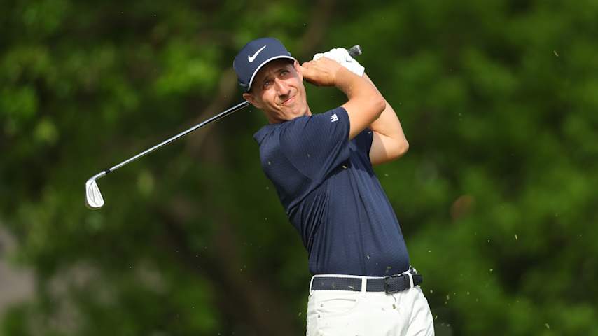 TULSA, OKLAHOMA - MAY 19: Dylan Newman of the United States, PGA of America Club Professional, plays his shot from the 11th tee during the first round of the 2022 PGA Championship at Southern Hills Country Club on May 19, 2022 in Tulsa, Oklahoma. (Photo by Andrew Redington/Getty Images)