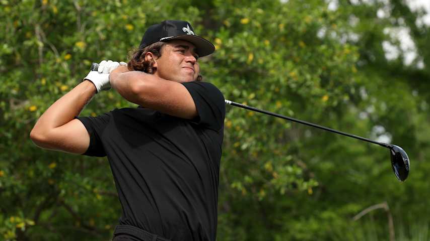 Garrick Higgo of South Africa plays his shot from the 11th tee on day one of the Zurich Classic of New Orleans on April 24, 2025 in Avondale, Louisiana. (Chris Graythen/Getty Images)