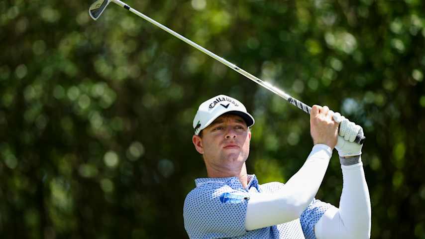 Max Greyserman watches a tee shot on the third hole during the first round of the Truist Championship 2025 at The Wissahickon at Philadelphia Cricket Club on May 08, 2025 in Flourtown, Pennsylvania. (Emilee Chinn/Getty Images)