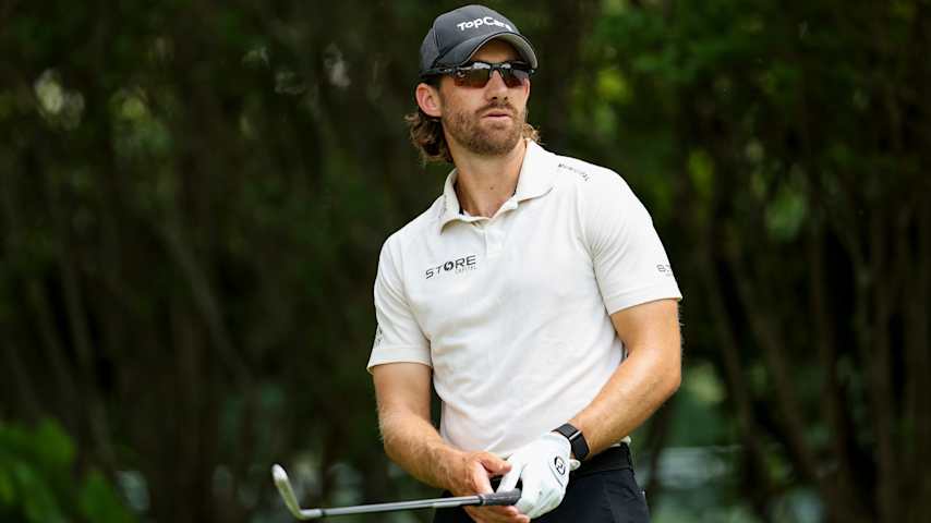 Patrick Rodgers looks to hit a tee shot on the third hole during the first round of the Truist Championship 2025 at The Wissahickon at Philadelphia Cricket Club on May 08, 2025 in Flourtown, Pennsylvania. (Emilee Chinn/Getty Images)