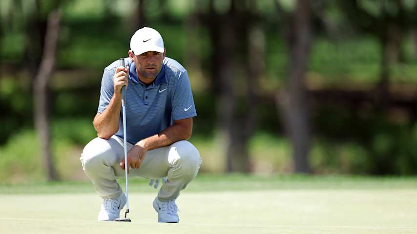Scottie Scheffler of the United States lines up a putt on the ninth green during the final round of THE CJ CUP Byron Nelson 2025 at TPC Craig Ranch on May 04, 2025 in McKinney, Texas. (Sam Hodde/Getty Images)
