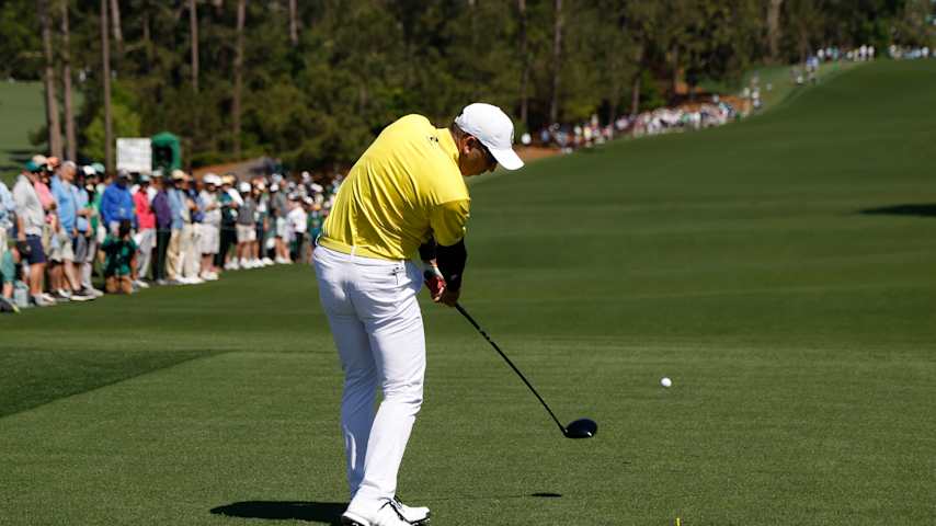 Sergio Garcia of Spain plays his shot from the eighth tee during the second round of the 2025 Masters Tournament at Augusta National Golf Club on April 11, 2025 in Augusta, Georgia. (Michael Reaves/Getty Images)