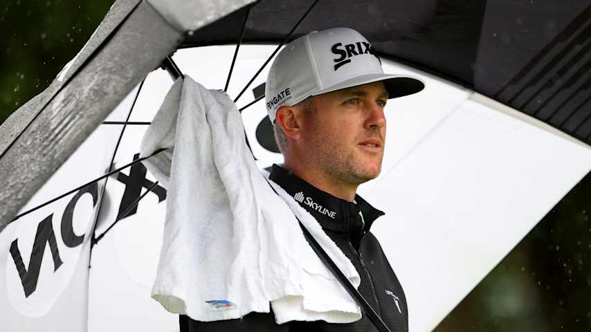 Taylor Pendrith of Canada looks on while playing the third hole during the second round of the Truist Championship 2025 at The Wissahickon at Philadelphia Cricket Club on May 09, 2025 in Flourtown, Pennsylvania. (Emilee Chinn/Getty Images)