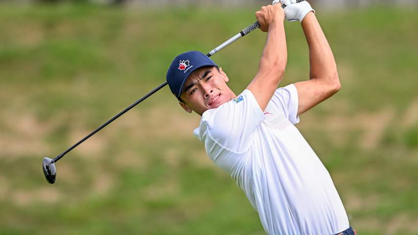 A.J. Ewart of Canada plays his tee shot on the 1st hole during Day Two of the 2022 World Amateur Team Golf Championships - Eisenhower Trophy competition at Le Golf National on September 1, 2022 in Paris, France. (Octavio Passos/Getty Images)