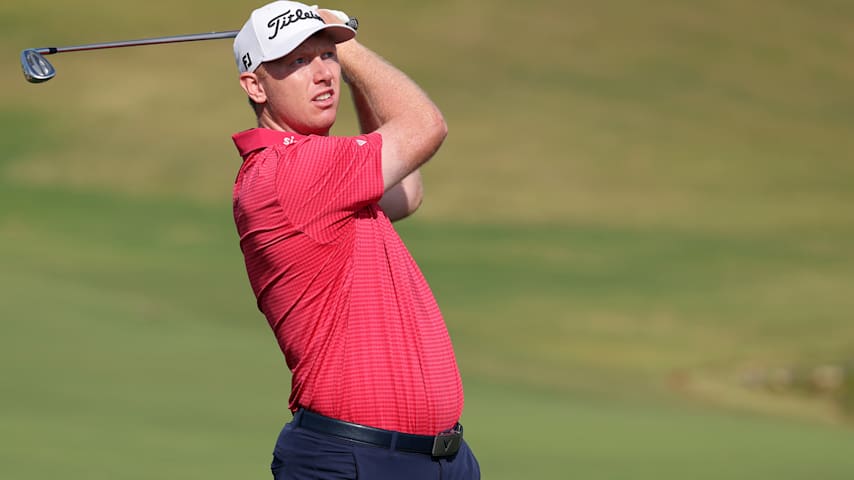 Hayden Springer of the United States plays a shot on the 17th hole during the first round of the Butterfield Bermuda Championship 2025 at Port Royal Golf Course on November 13, 2025 in Southampton, Bermuda. (Kenneth Richmond/Getty Images)