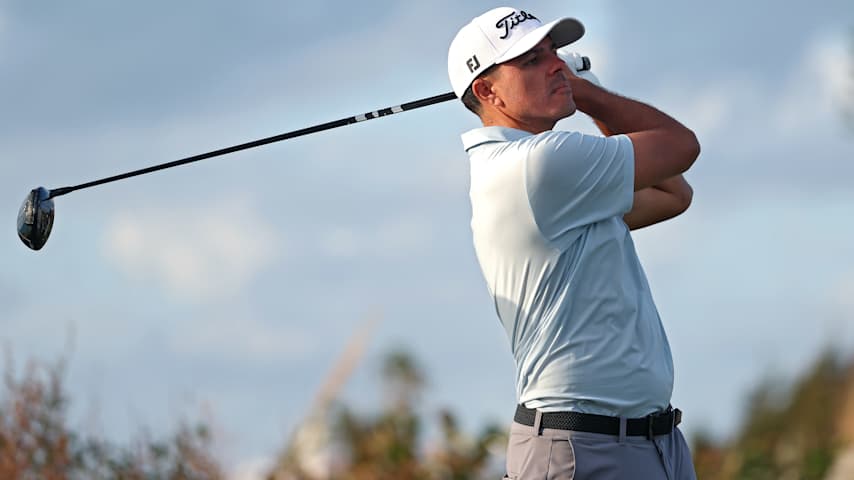 Joseph Bramlett of the United States plays his shot from the ninth tee during the second round of the Butterfield Bermuda Championship 2025 at Port Royal Golf Course on November 14, 2025 in Southampton, Bermuda. (Kenneth Richmond/Getty Images)