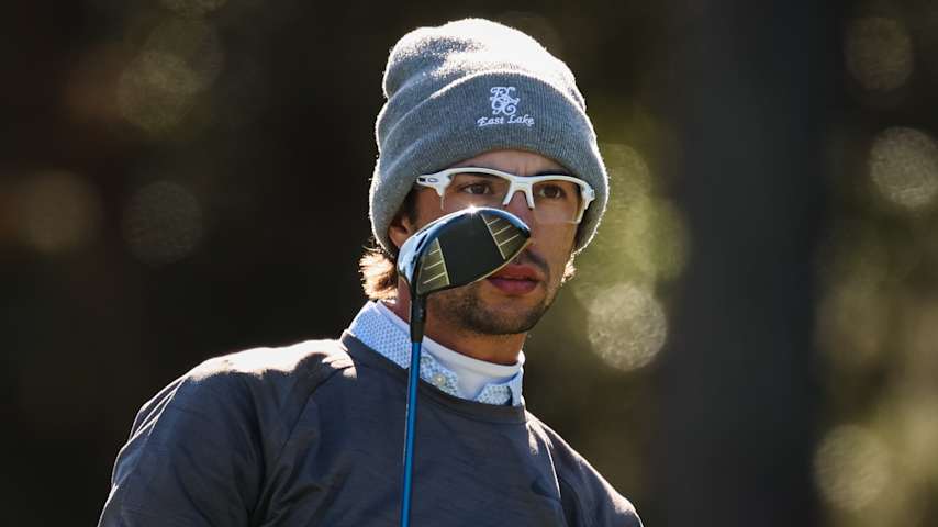 Lance Yates watches his shot from the eighth tee during the first round of PGA TOUR Q-School presented by Korn Ferry on Dye's Valley Course at TPC Sawgrass on December 12, 2024 in Ponte Vedra Beach, Florida. (Scott Taetsch/Getty Images)