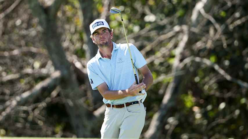 Logan McAllister of the United States hits a chip shot on the second hole during the first round of the Korn Ferry Tour Championship presented by United Leasing & Finance 2025 at French Lick Golf Resort on October 09, 2025 in French Lick, Indiana. (Mike Mulholland/Getty Images)