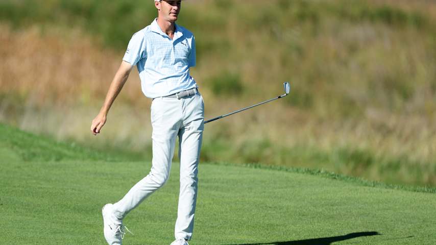 Nick Gabrelcik of the United States reacts to an approach shot on the sixth hole during the second round of the Korn Ferry Tour Championship presented by United Leasing & Finance 2025 at French Lick Golf Resort on October 10, 2025 in French Lick, Indiana. (Mike Mulholland/Getty Images)
