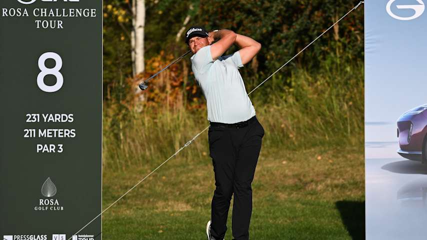 Nicholas Infanti from the USA plays his tee shot on the 8th hole on day one of the GAC Rosa Challenge Tour 2025 at Rosa Golf Club on September 4, 2025 in Konopiska, Poland. (Octavio Passos/Getty Images)