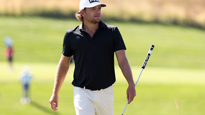 Nicolo Galletti of the United States looks on after playing the third hole during the third round of the Korn Ferry Tour Championship presented by United Leasing & Finance 2025 at French Lick Golf Resort on October 11, 2025 in French Lick, Indiana. (Mike Mulholland/Getty Images)