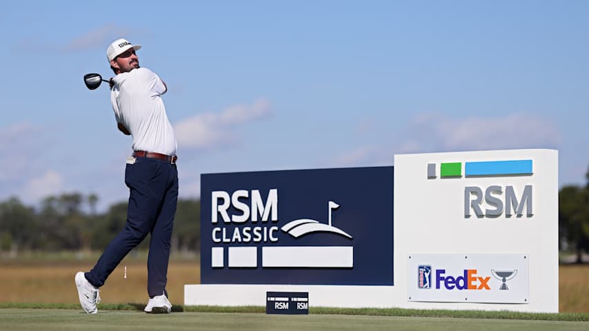 Quade Cummins of the United States plays his shot from the eighth tee during the third round of The RSM Classic 2025 at Sea Island Resort on November 22, 2025 in St Simons Island, Georgia. (Mike Mulholland/Getty Images)