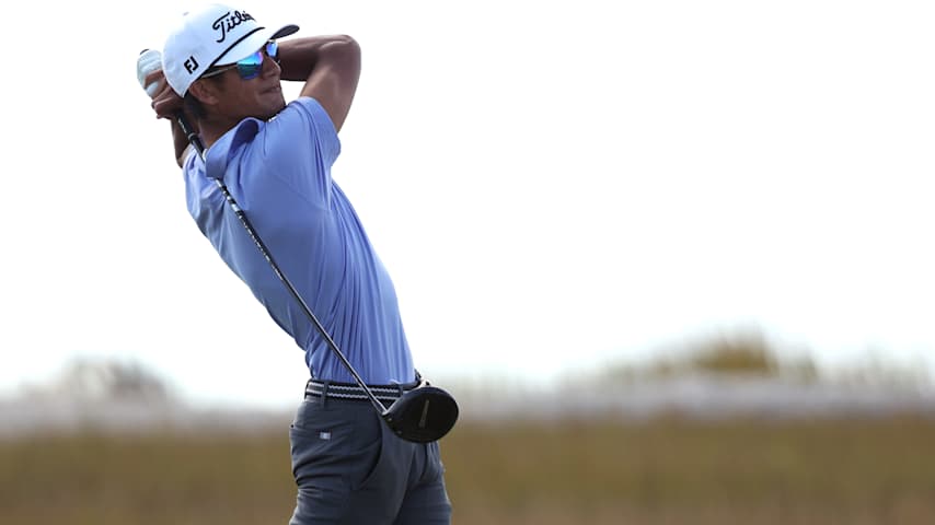 Ricky Castillo of the United States plays his shot from the 14th tee during the final round of The RSM Classic 2025 at Sea Island Resort on November 23, 2025 in St Simons Island, Georgia. (Mike Mulholland/Getty Images)