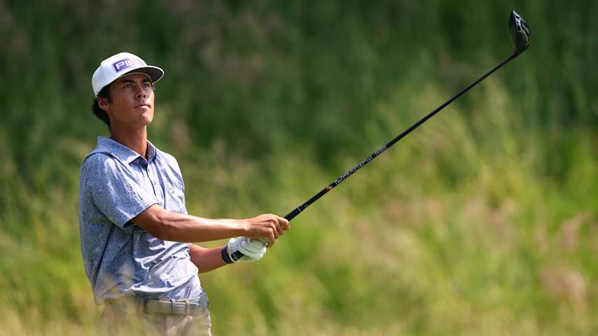 Riley Lewis of the United States watches his shot from the seventh tee during the first round of the 125th U.S. OPEN at Oakmont Country Club on June 12, 2025 in Oakmont, Pennsylvania. (Gregory Shamus/Getty Images)