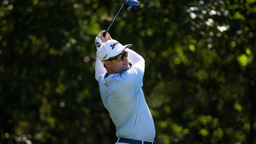 Russell Knox of Scotland hits his tee shot on the 16th hole during the second round of the Compliance Solutions Championship at The Patriot Golf Club on October 3, 2025 in Owasso, Oklahoma. (Justin Edmonds/Getty Images)