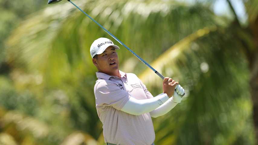 Sam Choi of the United States plays his shot from the sixth tee during the final round of the Corales Puntacana Championship 2025 at Puntacana Resort & Club, Corales Golf Course on April 20, 2025 in Punta Cana, Dominican Republic. (Andy Lyons/Getty Images)