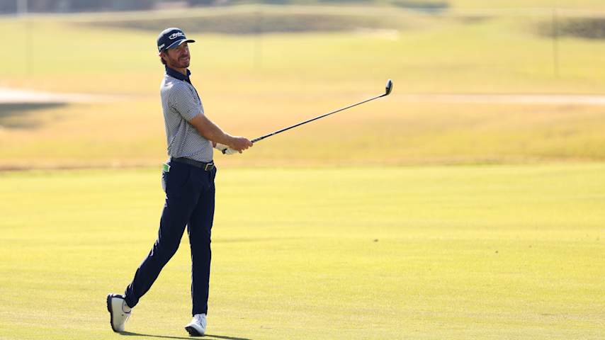 Sam Ryder of the United States plays a shot on the fourth hole during the first round of The RSM Classic 2025 at Sea Island Resort Plantation Course on November 20, 2025 in St Simons Island, Georgia. (Mike Mulholland/Getty Images)