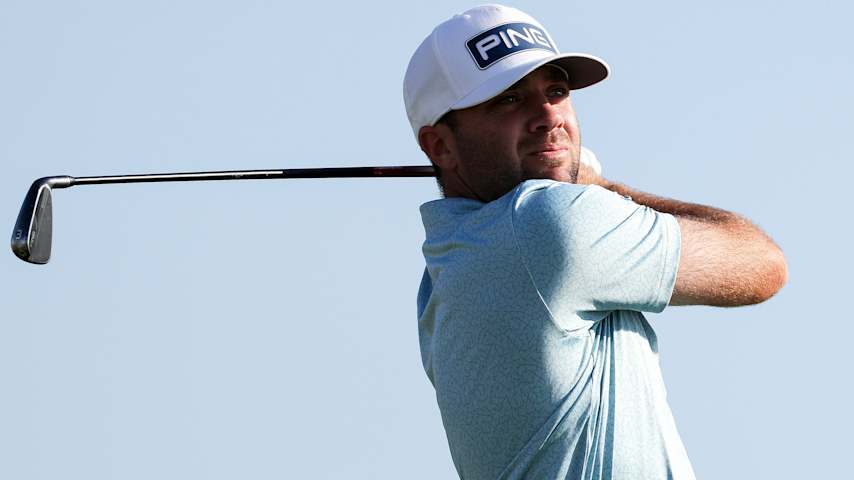Stuart Macdonald of Canada hits a tee shot on the 15th hole during the third round of the Korn Ferry Tour Championship presented by United Leasing & Finance 2025 at French Lick Golf Resort on October 11, 2025 in French Lick, Indiana. (Mike Mulholland/Getty Images)