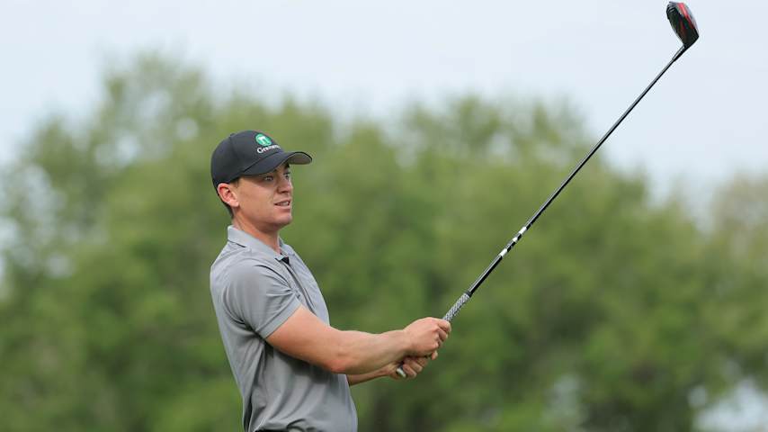 Theo Humphrey of the United States follows his shot from the second tee during the first round of the ONEflight Myrtle Beach Classic 2025 at Dunes Golf & Beach Club on May 08, 2025 in Myrtle Beach, South Carolina. (Jonathan Bachman/Getty Images)