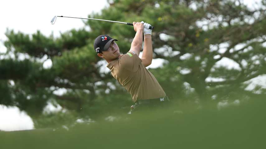 Yongjun Bae of South Korea hits his tee shot on the 7th hole on day three of the Genesis Championship 2025 at Woo Jeong Hills Country Club on October 25, 2025 in Cheonan, South Korea. (Jan Kruger/Getty Images)