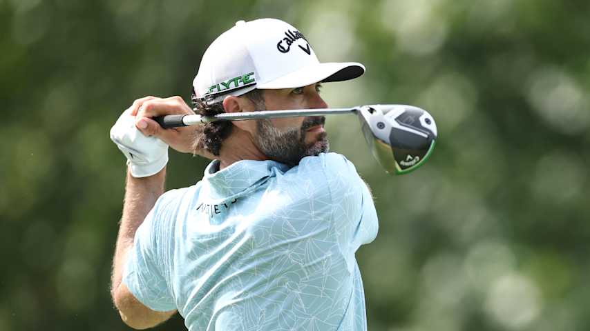 Adam Hadwin of Canada plays his shot from the fifth tee during the first round of the Wyndham Championship 2025 at Sedgefield Country Club on July 31, 2025 in Greensboro, North Carolina. (Jared C. Tilton/Getty Images)