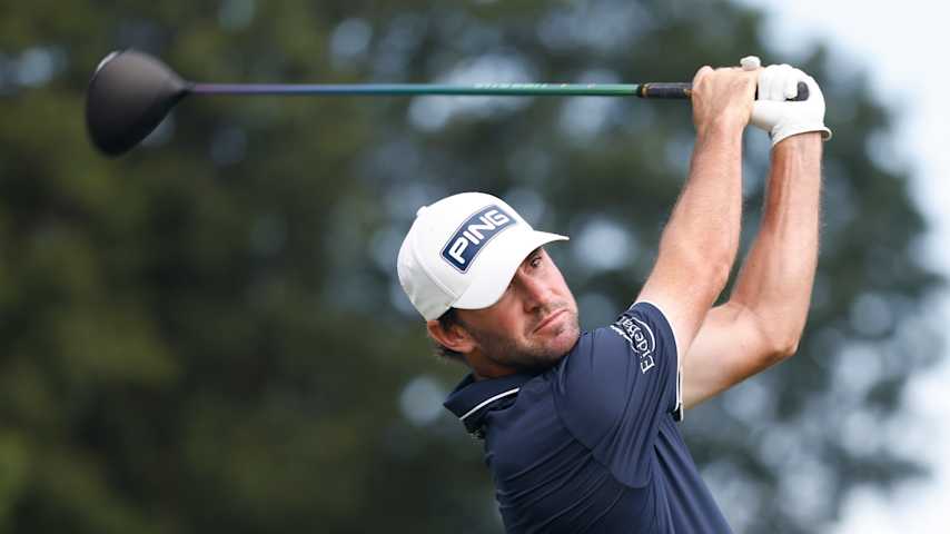 Austin Eckroat of the United States plays his shot from the fifth tee during the first round of the Wyndham Championship 2025 at Sedgefield Country Club on July 31, 2025 in Greensboro, North Carolina. (Johnnie Izquierdo/Getty Images)