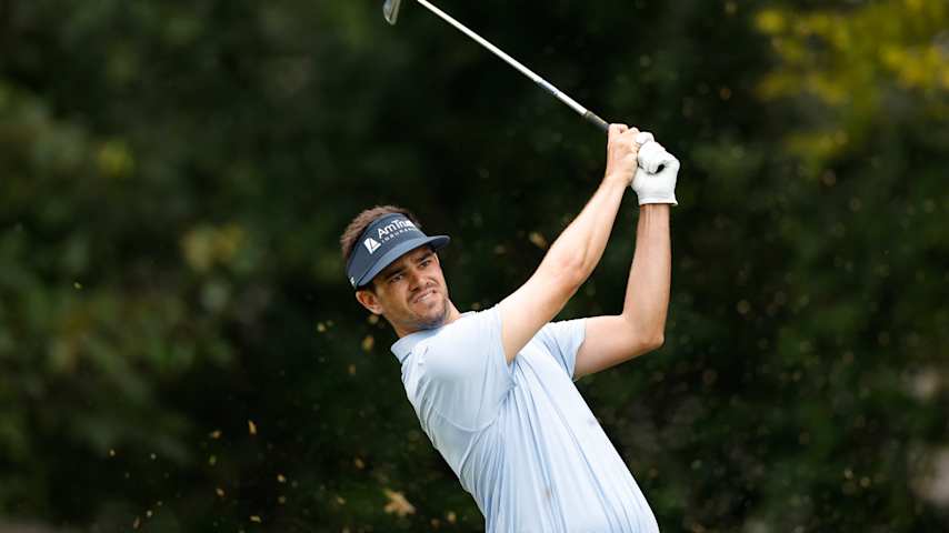 Beau Hossler of the United States plays his shot from the sixth tee during the third round of the Wyndham Championship 2025 at Sedgefield Country Club on August 02, 2025 in Greensboro, North Carolina. (Johnnie Izquierdo/Getty Images)