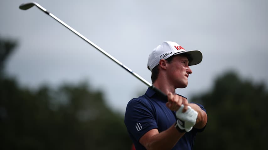 David Ford of the United States plays his shot from the 16th tee during the first round of the Wyndham Championship 2025 at Sedgefield Country Club on July 31, 2025 in Greensboro, North Carolina. (Jared C. Tilton/Getty Images)