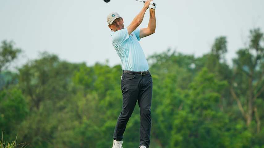 George McNeill of the United States hits his tee shot on the third hole during the final round of the Pinnacle Bank Championship presented by Woodhouse 2025 at The Club at Indian Creek on August 10, 2025 in Omaha, Nebraska. (Jay Biggerstaff/Getty Images)