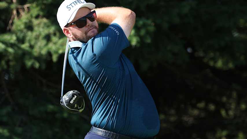 Harry Higgs of the United States plays his shot from the second tee during the first round of the 3M Open 2025 at TPC Twin Cities on July 24, 2025 in Blaine, Minnesota. (Andrew Wevers/Getty Images)