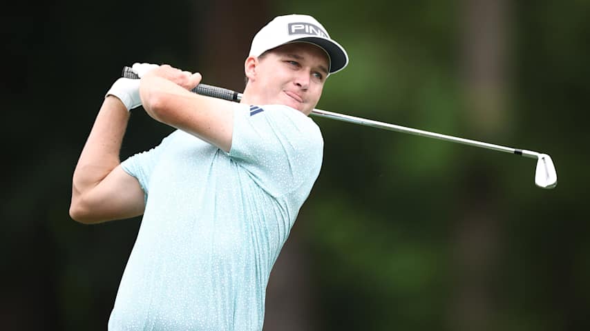 Matt McCarty of the United States lines up a putt on the 11th green during the second round of the Wyndham Championship 2025 at Sedgefield Country Club on August 01, 2025 in Greensboro, North Carolina. (Johnnie Izquierdo/Getty Images)