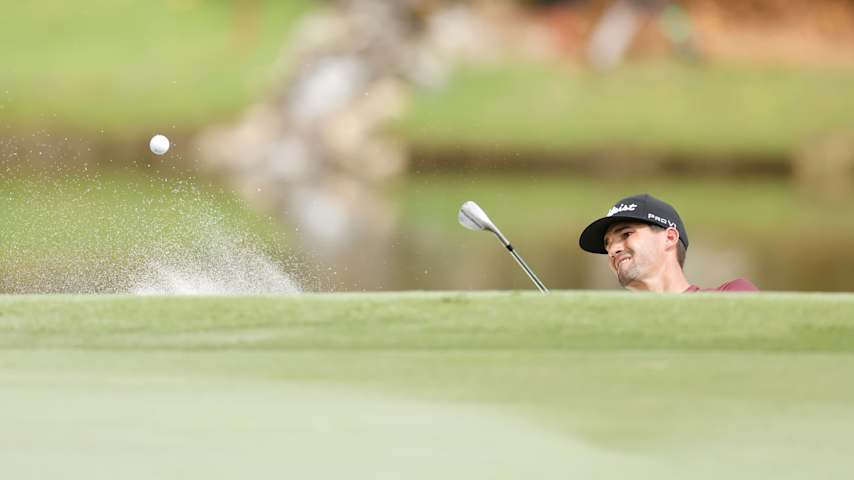 Matthew Riedel
 of the United States plays a shot from a bunker on the 15th hole during the first round of the Wyndham Championship 2025 at Sedgefield Country Club on July 31, 2025 in Greensboro, North Carolina. (Johnnie Izquierdo/Getty Images)