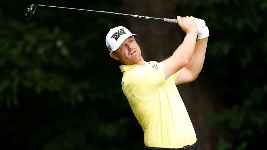 Patrick Fishburn of the United States plays his shot from the second tee during the final round of the Wyndham Championship 2025 at Sedgefield Country Club on August 03, 2025 in Greensboro, North Carolina. (Johnnie Izquierdo/Getty Images)