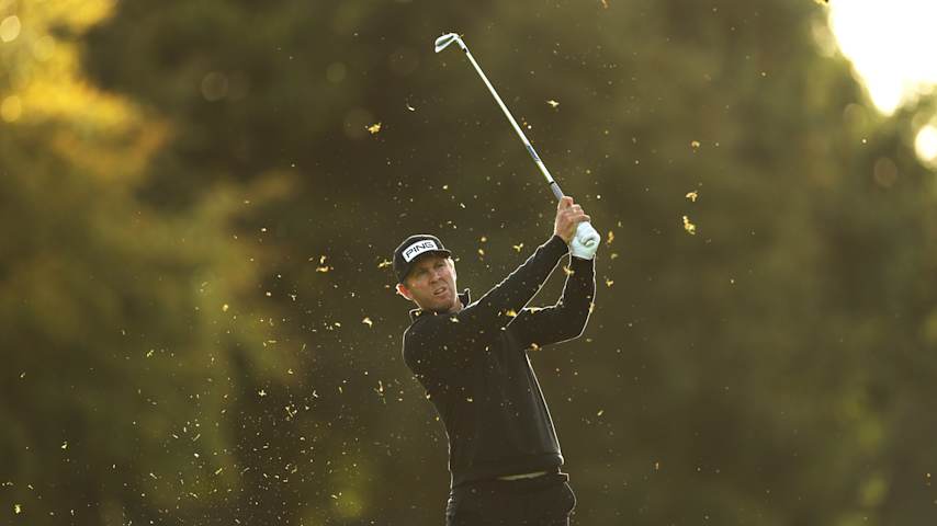 Seamus Power of Ireland plays his second shot on the 11th hole on day two of the Amgen Irish Open 2025 at The K Club on September 05, 2025 in Straffan, Ireland. (Richard Heathcote/Getty Images)
