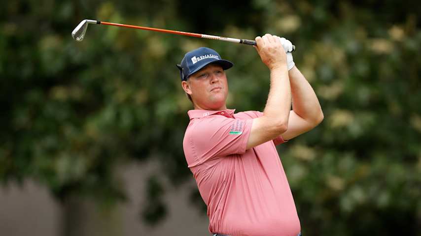 Trey Mullinax of the United States plays his shot from the sixth tee during the third round of the Wyndham Championship 2025 at Sedgefield Country Club on August 02, 2025 in Greensboro, North Carolina. (Johnnie Izquierdo/Getty Images)