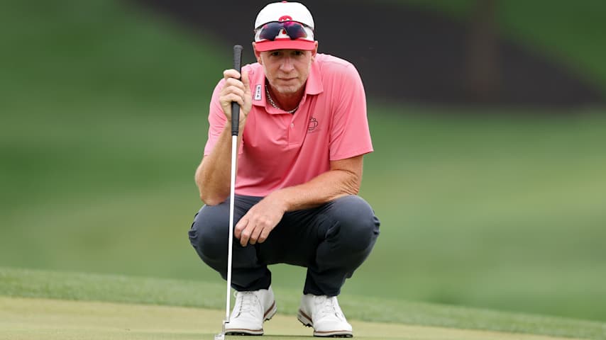 Vince Covello of the United States plays his shot from the ninth tee during the second round of the Rocket Classic 2025 at Detroit Golf Club on June 27, 2025 in Detroit, Michigan. (Gregory Shamus/Getty Images)
