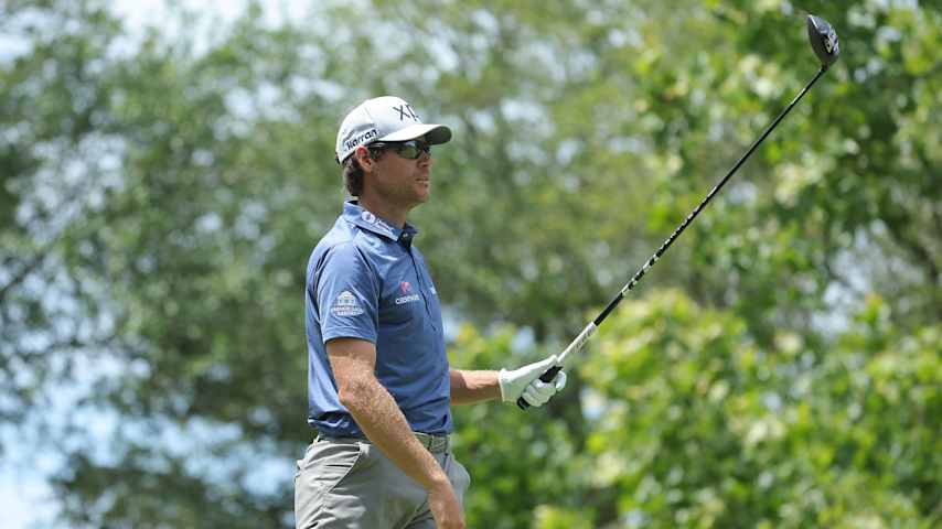 Adam Schenk of the United States plays his shot from the 11th tee during the second round of the ONEflight Myrtle Beach Classic 2025 at Dunes Golf & Beach Club on May 09, 2025 in Myrtle Beach, South Carolina. (Jonathan Bachman/Getty Images)