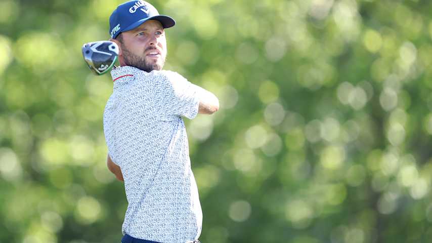 Adam Svensson of Canada plays his shot from the sixth tee during the second round of the Charles Schwab Challenge 2025 at Colonial Country Club on May 23, 2025 in Fort Worth, Texas. (Raj Mehta/Getty Images)