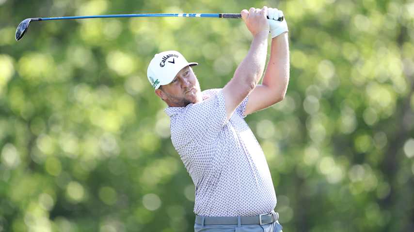 Brice Garnett of the United States plays his shot from the sixth tee during the second round of the Charles Schwab Challenge 2025 at Colonial Country Club on May 23, 2025 in Fort Worth, Texas. (Raj Mehta/Getty Images)