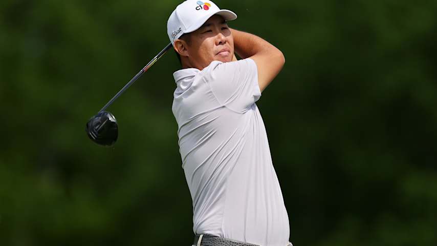 Byeong Hun An of South Korea plays a shot from the 15th tee during the first round of the Memorial Tournament presented by Workday 2025 at Muirfield Village Golf Club on May 29, 2025 in Dublin, Ohio. (Michael Reaves/Getty Images)