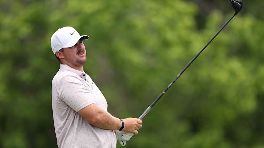 Chris Gotterup of the United States plays his shot from the sixth tee during the third round of the Charles Schwab Challenge 2025 at Colonial Country Club on May 24, 2025 in Fort Worth, Texas. (Sam Hodde/Getty Images)