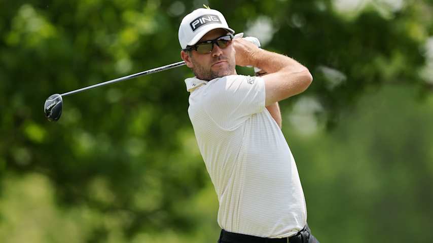 Corey Conners of Canada plays a shot from the fifth tee during the final round of the Memorial Tournament presented by Workday 2025 at Muirfield Village Golf Club on June 01, 2025 in Dublin, Ohio. (Michael Reaves/Getty Images)