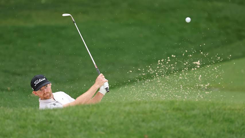 Danny Walker of the United States plays a shot from a bunker on the 16th hole during the final round of the ONEflight Myrtle Beach Classic 2025 at Dunes Golf & Beach Club on May 11, 2025 in Myrtle Beach, South Carolina. (Jonathan Bachman/Getty Images)