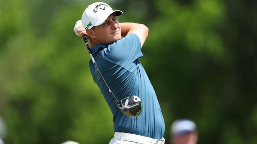 Emiliano Grillo of Argentina hits a tee shot on the third hole during the final round of the Charles Schwab Challenge 2025 at Colonial Country Club on May 25, 2025 in Fort Worth, Texas. (Sam Hodde/Getty Images)