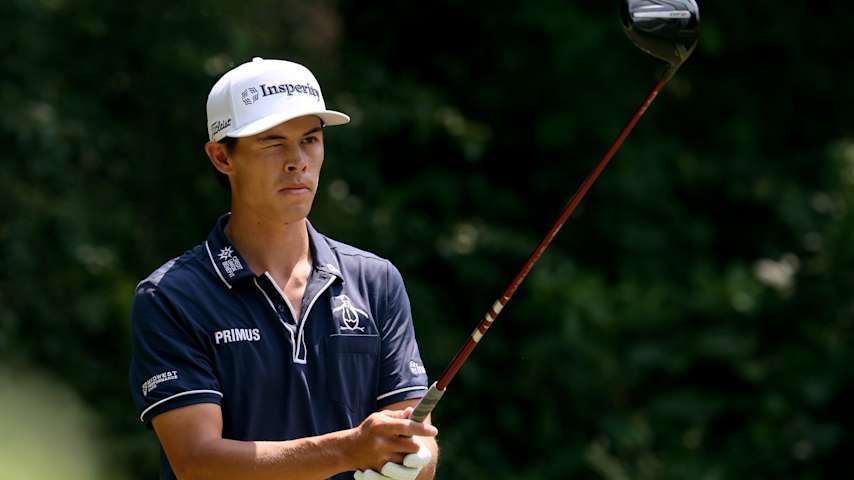 Johnny Keefer lines up his tee shot on the second hole during the final round of the UNC Health Championship presented by STITCH 2025 at Raleigh Country Club on June 01, 2025 in Raleigh, North Carolina. (Grant Halverson/Getty Images)
