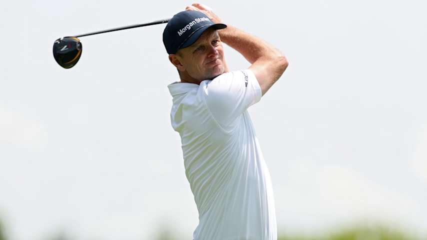Justin Rose of England plays a shot from the fifth tee during the third round of the Memorial Tournament presented by Workday 2025 at Muirfield Village Golf Club on May 31, 2025 in Dublin, Ohio. (Andy Lyons/Getty Images)