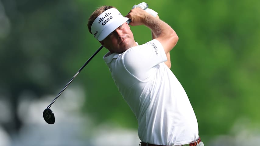 Keith Mitchell of the United States hits his second shot on the 10th hole during the second round of the PGA Championship at Quail Hollow Country Club on May 16, 2025 in Charlotte, North Carolina. (David Cannon/Getty Images)