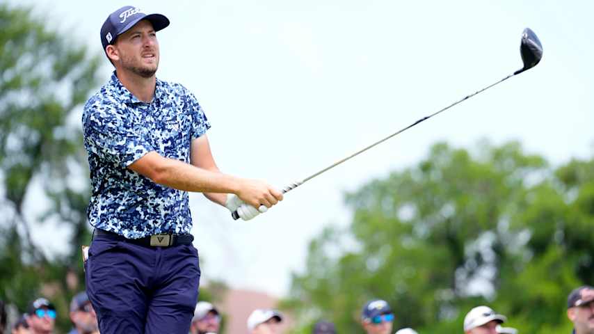 Lee Hodges of the United States plays his shot from the 11th tee during the third round of the Charles Schwab Challenge 2025 at Colonial Country Club on May 24, 2025 in Fort Worth, Texas. (Raj Mehta/Getty Images)